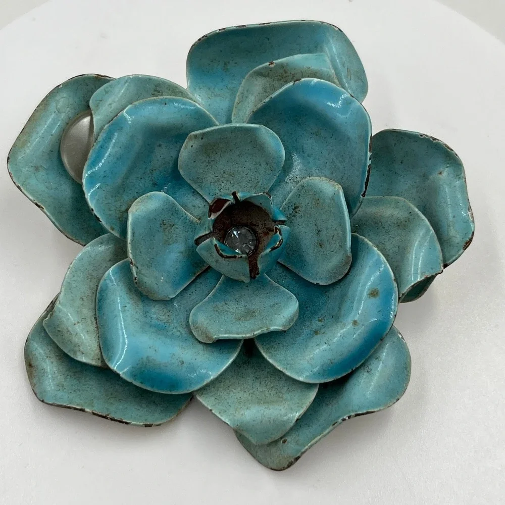 Vintage Blue Enamel Flower Brooch Large Layered Floral Pin Statement Piece - Picture 3 of 6